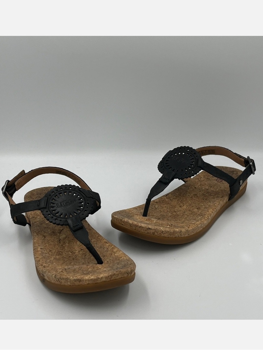 Ugg Ayden II Sandal Black Leather Embossed Cork Insole Adustable Strap 10 US